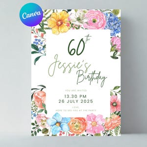 Invitation anniversaire 60 ans, Invitation floral Canva, Carte d'invitation à personnaliser, Invitation digitale à imprimer