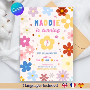 Invitation florale rose personnalisable | Invitation anniversaire 7 ans fille Canva | Modèle digital à imprimer ou envoyer