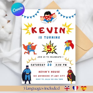 Invitation anniversaire super héros, carte d'anniversaire enfant de 5 ans, Template super héros des 5 ans d'anniversaire
