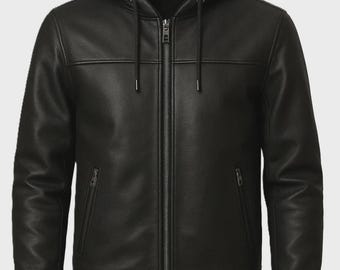 May include: Black leather hooded jacket with a full-length zipper and two side pockets. The jacket features a ribbed hem and cuffs, and a drawstring hood. The jacket has a classic bomber style.