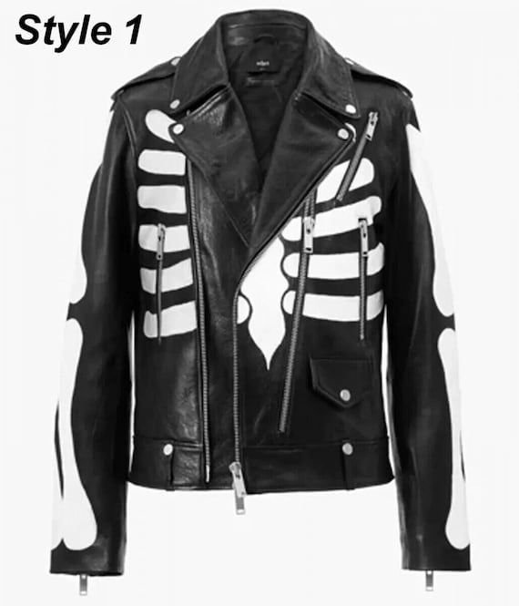 Mens AXL Rose Guns N Roses Skeleton Genuine Leather Biker Jacket