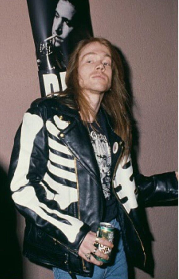 Mens AXL Rose Guns N Roses Skeleton Genuine Leather Biker Jacket