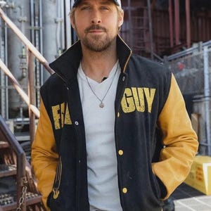 The Fall Guy Ryan Gosling Bomber Varsity Letterman Ull Med Äkta Läderärmar - The Fall Guy Ryan Gosling Svart & Gul Varsity Jacka