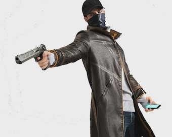 Watch Dogs Aiden Pearce Cosplay Costume Trench in vera pelle marrone - Cappotto in vera pelle Watch Dogs di Aiden Pearce
