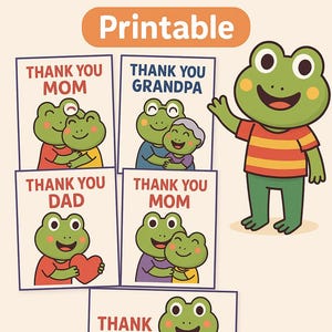 Lot de 5 cartes de remerciement Froggy – 5 cartes pliables imprimables pour enfants | Maman, papa, grand-mère, grand-père et remerciements généraux | Art grenouille mignon
