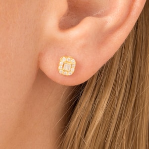 Classic Halo Earrings, Dainty Gold Baguette Earrings, Engagement Gifts, Baguette Stud Earrings, Delicate Baguette Earrings, Gifts for Women