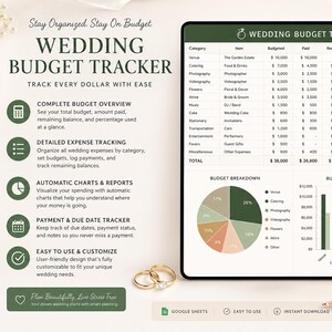 Peut inclure: Un suivi de budget de mariage numérique sur une tablette, avec une ventilation détaillée des dépenses, des graphiques et un suivi des paiements. Le design comprend un camembert, un graphique en barres et le texte "Wedding Budget Tracker". Des alliances dorées et un stylo or rose sont également visibles.