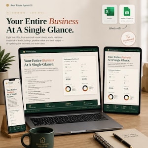 Peut inclure: Graphique de marketing numérique avec le texte "Your Entire Business At A Single Glance" affiché sur un ordinateur portable, une tablette et un smartphone. L'image comprend une tasse à café, un stylo et un bloc-notes. Le graphique montre des visualisations de données.