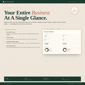 Peut inclure: Tableau de bord numérique avec le texte "Your Entire Business At A Single Glance." Le tableau de bord affiche les indicateurs de performance clés (KPI), des graphiques et des données en temps réel pour les prospects, les annonces et les étapes des transactions.