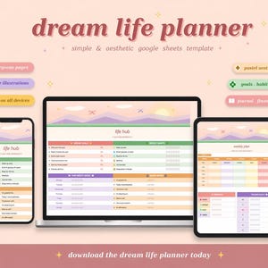 Peut inclure: Présentation d'un planificateur numérique sur smartphone, ordinateur portable et tablette. Les écrans affichent une interface aux couleurs pastel avec des sections pour les objectifs, les habitudes et le suivi de l'humeur. Le texte indique "dream life planner".