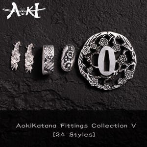 May include: AokiKatana Fittings Collection V, featuring various silver-toned metal katana fittings. The collection includes two floral ornaments, a ring, an oval piece with floral details, and a round tsuba with a floral design. The text "AokiKatana Fittings Collection V [24 Styles]" is visible.