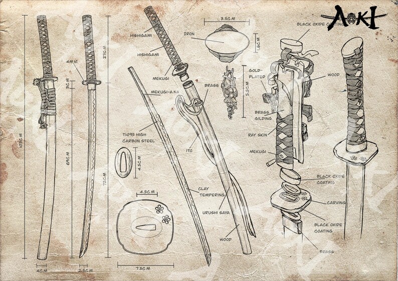 May include: A detailed diagram of a katana, a traditional Japanese sword, with labels identifying the different parts of the blade, handle, and scabbard. The diagram includes measurements in inches.