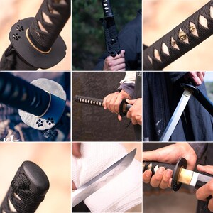 May include: Close-up shots of a traditional Japanese katana sword. The sword is made of metal with a black handle wrapped in black cord. The handle has a black metal cap and a black metal ring. The sword is sharp and has a silver blade.
