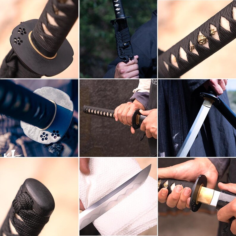 May include: Close-up shots of a traditional Japanese katana sword. The sword is made of metal with a black handle wrapped in black cord. The handle has a black metal cap and a black metal ring. The sword is sharp and has a silver blade.
