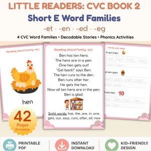 May include: Educational printable CVC book 2 featuring short E word families. Includes pages with phonics activities, decodable stories about Ben and his ten hens, and writing practice. The text includes word families -et, -en, -ed, -eg and sight words.