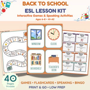 Op de afbeelding: Een Back to School ESL-lespakket met interactieve spellen en spreekactiviteiten voor kinderen van 6-8 jaar. De printbare set bevat een bordspel, flashcards met een raam, klok, boekenplank en lerarenbureau, en 'zou je liever' kaartjes.