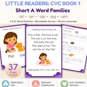 May include: Educational printable CVC book 1 titled Little Readers: Short A Word Families. Includes 37 pages of decodable stories and phonics activities featuring illustrations of a child named Pat and a cat, with text exercises for word families.