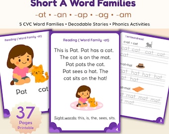 Può includere: Libro educativo stampabile CVC 1 intitolato Little Readers: Short A Word Families. Include 37 pagine di storie decodificabili e attività fonetiche con illustrazioni di un bambino di nome Pat e un gatto, con esercizi sulle famiglie di parole.
