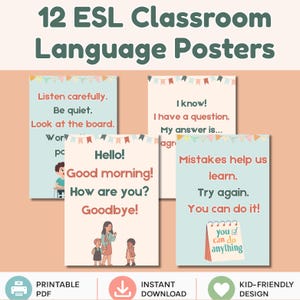 May include: A set of 12 ESL classroom language posters with phrases like "Hello!" and "How are you?" in a kid-friendly design. The posters are in a PDF format and available for instant download.