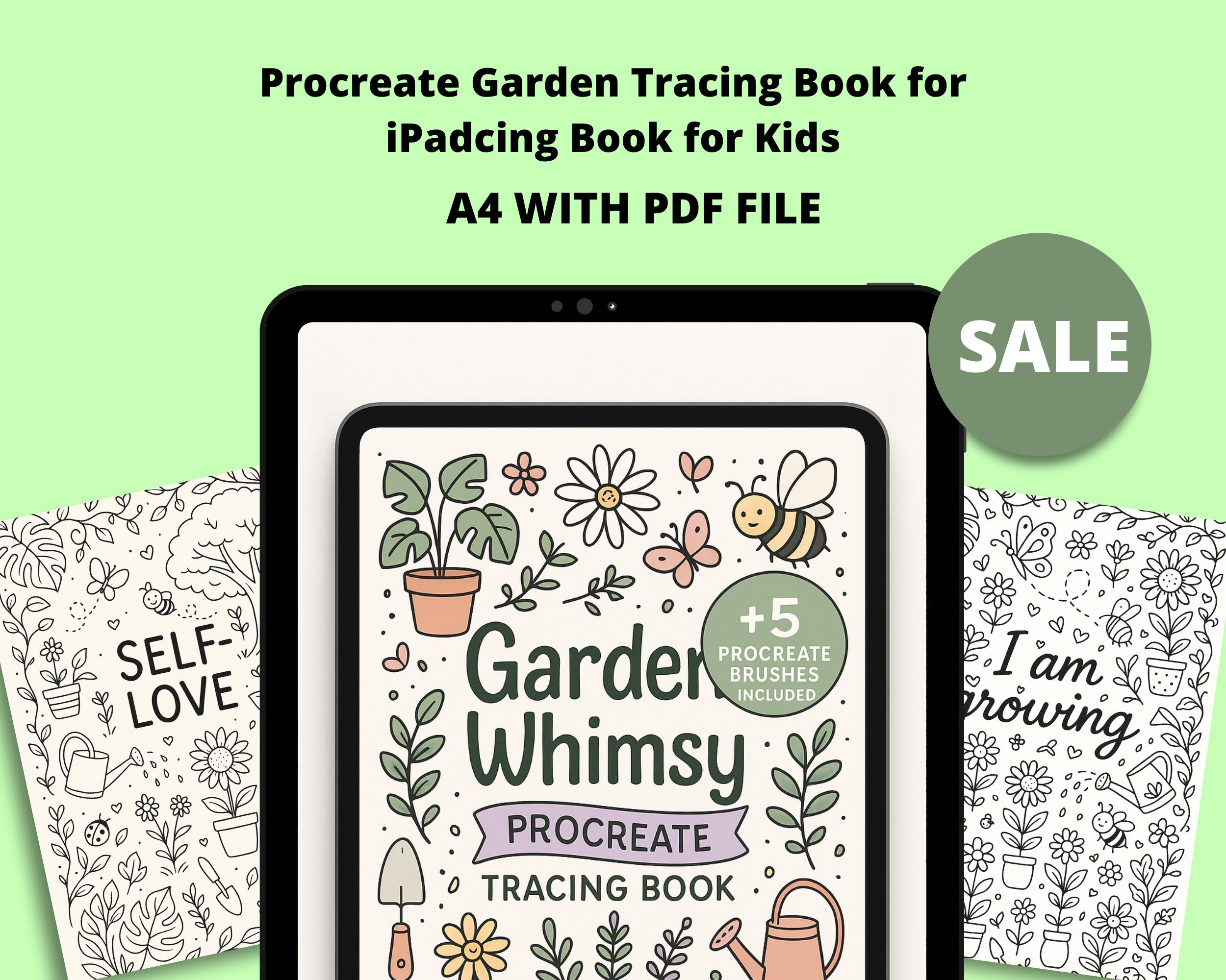 Procreate Garden Tracing Book para iPad — 20 páginas de plantas, flores e insectos con toque fantasioso para colorear y relajarse