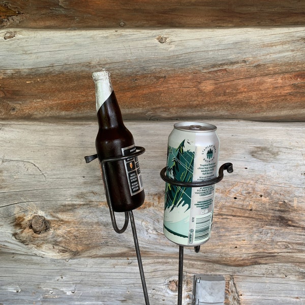 Beverage holder, Beer Stake, Beer Bottle Holder, Beer Can Holder, Hand Forged Bottle Holder, Blacksmith Made Can Holder