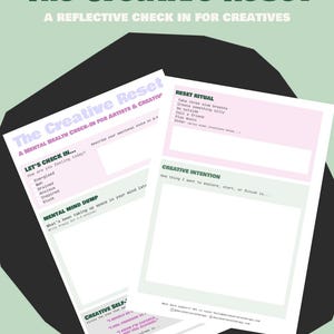 Puede incluir: Una hoja de trabajo imprimible titulada "The Creative Reset" con un esquema de color rosa y verde. La hoja de trabajo es un chequeo de salud mental para artistas y creativos. Incluye secciones para un ritual de reinicio, una intención creativa y un volcado mental.