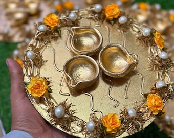 Handmade Golden Diya Plate Set with Flowers and Pearls | Diwali Pooja Thali Decor