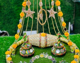 Bandeja colgante de perlas Rasam Thaal Choora / Plato de ceremonia de boda Mayun Mehndi / Indio hecho a mano