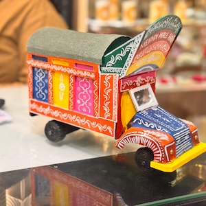 Handcrafted Pakistani Wooden Truck: Colorful Mehndi Folk Art Decor