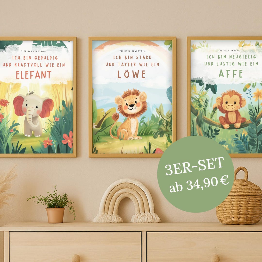 Safari Poster Set of 3 | Lion, Elephant, Monkey | Children's Room Wall ...