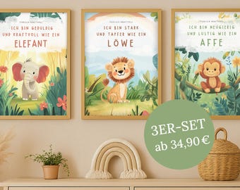 Safari Poster Set of 3 | Lion, Elephant, Monkey | Children's Room Wall Art | Affirmation Posters for Kids | Animal Motifs, Boho Decor | Baby Shower Gift