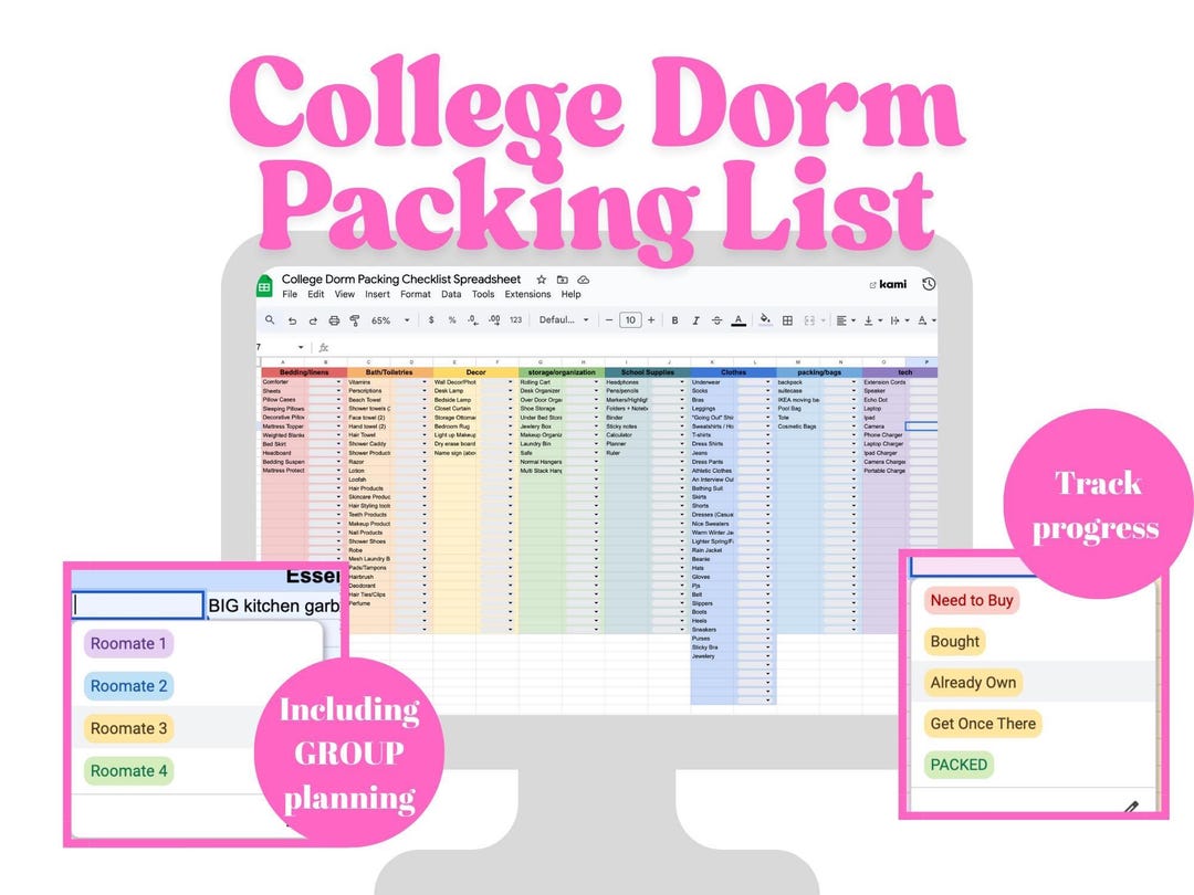 College Packing List, College Dorm Checklist, Spreadsheet With Instant ...