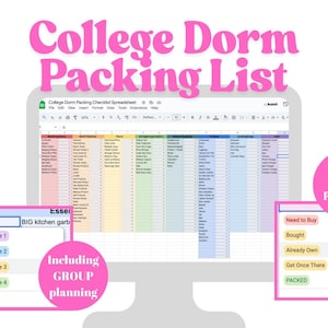 College Packing List, College Dorm Checklist, Spreadsheet With Instant Download