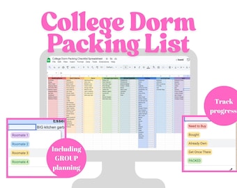 Lista de equipaje para la universidad, lista de verificación para la residencia universitaria, hoja de cálculo con descarga instantánea.