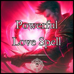 Può includere: Opera d'arte digitale raffigurante un uomo in armatura con la scritta "Powerful Love Spell" in bianco. Lo sfondo è rosa e rosso vibrante, con una forma di cuore luminoso. Un emblema circolare è in basso.