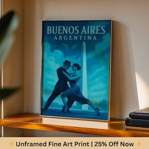 Buenos Aires Travel Poster – Tango & Obelisco Wall Art Print, Argentina Vintage City Poster, Tango Dancer Artwork, South America Decor