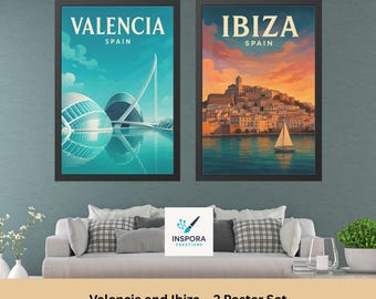 Valencia + Ibiza – 2 Vintage Travel Posters | Coastal Spain Digital Download Set | Bright Modern Mediterranean Wall Art Duo