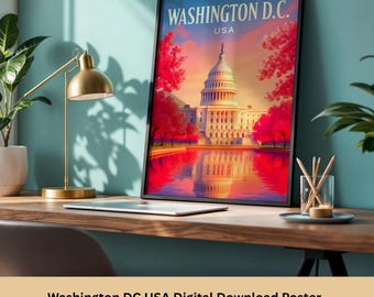 Washington D.C. Reise Poster, USA Wandkunst, Capityll Building Kirschblüte Digitaler Download, Vintage Illustration - Spring City Kunstwerk