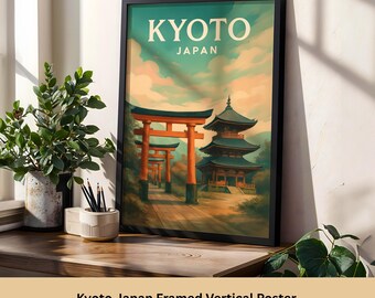Póster de viaje enmarcado de Kioto: Arte vintage de la puerta Torii japonesa