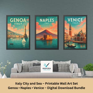 City & Sea Italy Poster Set – Venice, Genoa, Naples Digital Download – Coastal Wall Art Printable | Italian Travel Art Gift