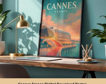 Cannes France Travel Poster Digital Download – Palais des Festivals Wall Art – Red Carpet Riviera Print – Glamorous French Decor