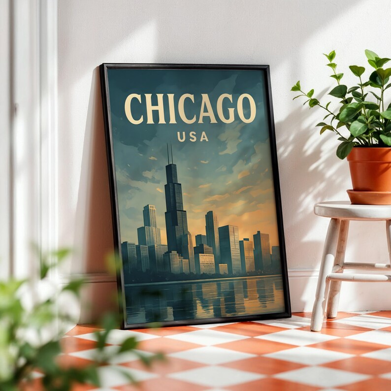 Framed Chicago Travel Poster - Skyline Reflections & Willis Tower Scene ...