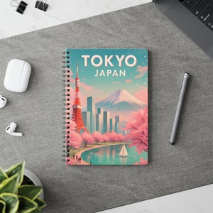 Tokyo Notebook, A5 Travel Journal with Mount Fuji and Cherry Blossoms Illustration, Japan Gift, Tokyo Tower Stationery, Travel Planner
