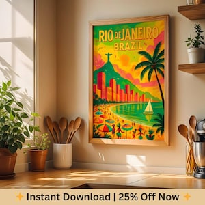 Rio de Janeiro Travel Poster, Brazil Wall Art, Digital Download PNG, Christ the Redeemer Print, 300 DPI Tropical Decor, Beach vibes