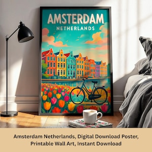 Amsterdam Travel Poster, Dutch Canal Wall Art, Tulip Bike Print, Netherlands Digital Download, Holland Poster, Amsterdam Art