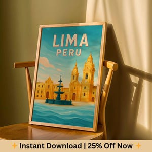 Lima Peru Travel Poster, Plaza Mayor Wall Art, Digital City Print, Printable Historic Decor, Digital Download, Lima Cathedral