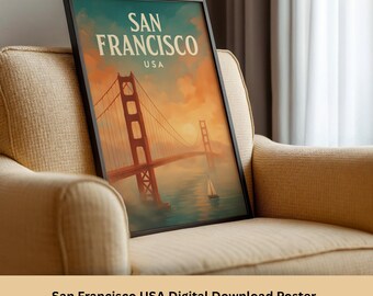 Póster turístico de San Francisco, arte mural de EE. UU., descarga digital del puente Golden Gate, ilustración turística vintage, arte costero de California