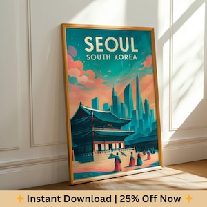 Seoul Travel Poster, Korean Palace Print, South Korea Wall Art, Digital Download, Korean Culture Art, Seoul Cityscape Retro Art