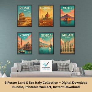 Italy Poster Set – Rome, Venice, Genoa, Milan, Naples, Florence | Digital Wall Art Bundle | Printable Italy Travel Prints (6 Pack)