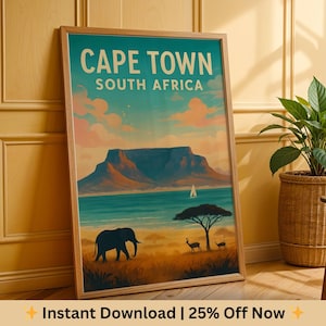 Kapstadt Reiseposter – Tafelberg Wandkunst | Südafrika Vintage-Druck, digitaler Download Küstendekor, druckbare Landschaftskunst